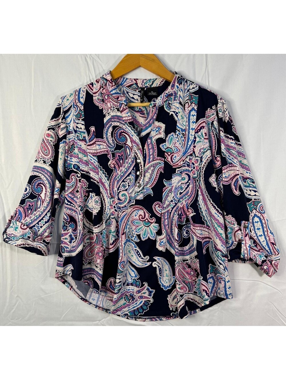 New Directions Top PL Navy Paisley Pintuck Roll Tab Tunic Blouse L Petite